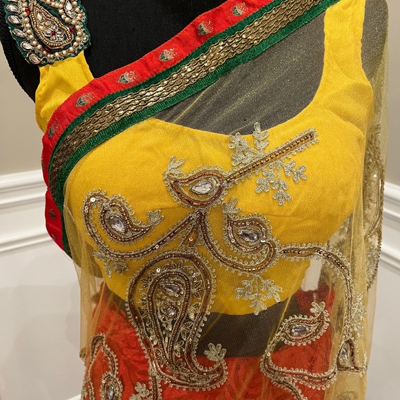 Beautiful - trendy Red & yellow pre stitched lace saree - Picture 3 of 5